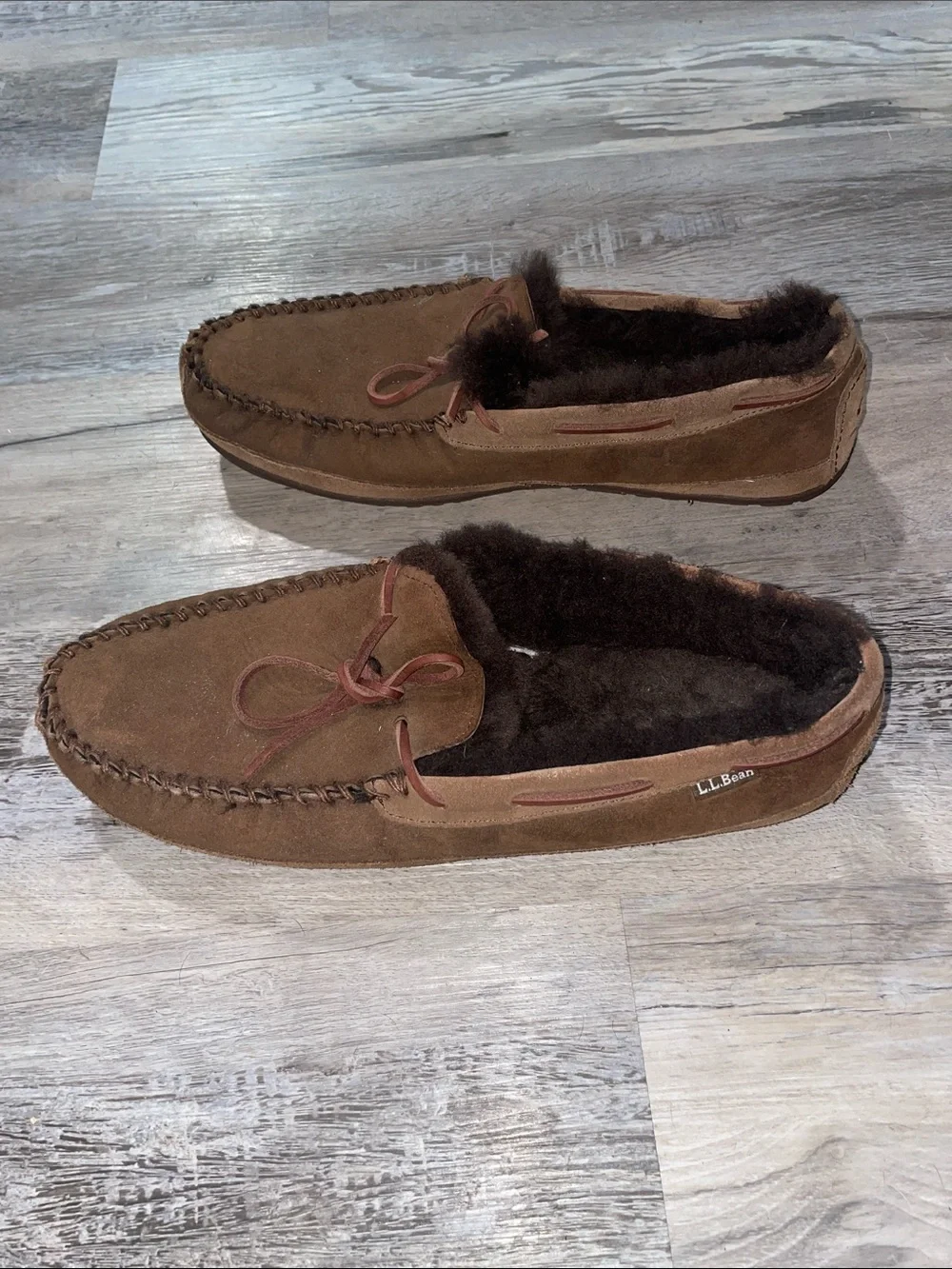 LL Bean Men's Brown Suede Shearling-Lined Slip-On Moccasins Size 13